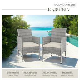 Tectake Garden Chair Nantes Set Of 2 - Weather & Uv-Resistant, 2 Sets Of Cushion Covers - Light Grey/cream - 2 - thumbnail 4