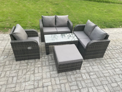 Fimous 5 Pcs Garden Furniture Set Rattan Outdoor Lounge Sofa Table Chair With Tempered Glass Table Dark Grey Mixed - image 1