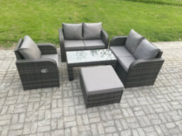 Fimous 5 Pcs Garden Furniture Set Rattan Outdoor Lounge Sofa Table Chair With Tempered Glass Table Dark Grey Mixed - thumbnail 1