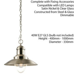 Hanging Ceiling Pendant Light Satin Nickel & Glass Industrial Lamp Bulb Holder - thumbnail 2