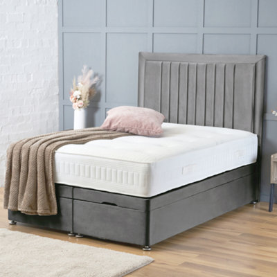 Bsspoke Ottoman Divan Bed In Grey Plush Velvet With 25Cm Good Quality Mattress & 138Cm Headboard End Lift Up Storage In All Sizes - image 1
