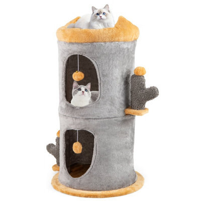 2-Story Cat House Cute Small Cat Tree Tower W/ 2 Cozy Condos-Grey - image 1