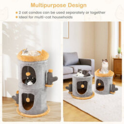 2-Story Cat House Cute Small Cat Tree Tower W/ 2 Cozy Condos-Grey - thumbnail 4