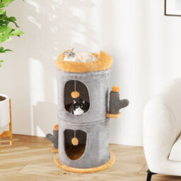 2-Story Cat House Cute Small Cat Tree Tower W/ 2 Cozy Condos-Grey - thumbnail 3