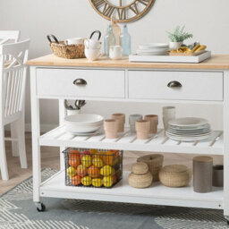 Wyld And Coco Nordic Kitchen Trolley White Wood Top - Two Drawers, Two Shelves, Casters (W120 X D48 X H91Cm) - thumbnail 2