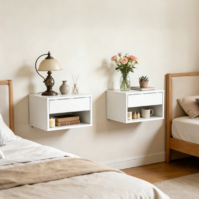 Levede Bedside Table Floating Set Of 2 Wall Mounted Drawer Open Shelf White - image 1