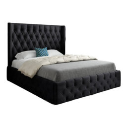 Turin Straight Winged Upholstered Soft Velvet Bed Frame - Black - thumbnail 5