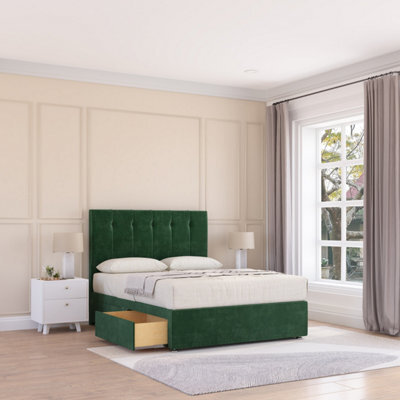 "Sloomy 4Ft6  Highbury Divan Bed Base Emerald Plush ,no Drawers & 26"" Struts Headboard - Double" - image 1