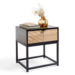 Vonhaus Side Table 1 Drawer With Chevron Design, Black & Light Wood Effect End Table For Living Room And Bedroom, Dalton - thumbnail 1