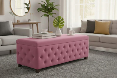 120Cm Wide Empire Ottoman Storage Box With Legs, Pink Velvet Chesterfield Upholstered Ottoman Footstool Coffee Table - image 1