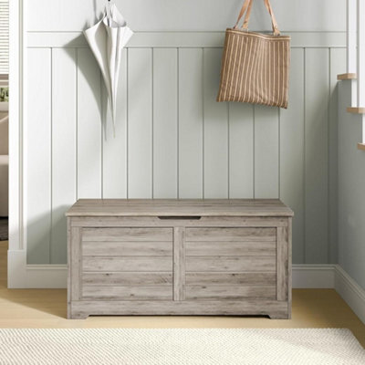 Songmics Storage Trunk, Shoe Bench With Safety Hinges, Farmhouse Blanket Box, For Hallway, Bedroom, Living Room, Heather Greige - image 1
