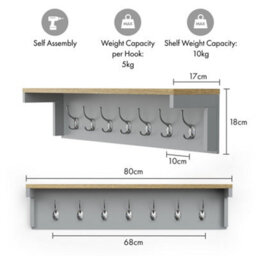 Vonhaus Coat Hooks Wall Mounted, Grey Coat Rack With Shelf & 7 Strong Double Hooks, Hallway Organiser With Melamine Wood Effect - thumbnail 8