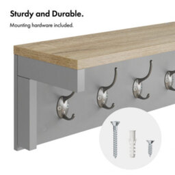 Vonhaus Coat Hooks Wall Mounted, Grey Coat Rack With Shelf & 7 Strong Double Hooks, Hallway Organiser With Melamine Wood Effect - thumbnail 6