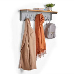 Vonhaus Coat Hooks Wall Mounted, Grey Coat Rack With Shelf & 7 Strong Double Hooks, Hallway Organiser With Melamine Wood Effect