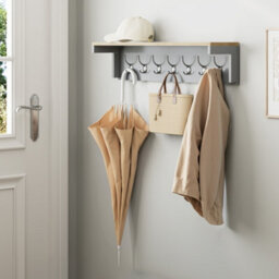Vonhaus Coat Hooks Wall Mounted, Grey Coat Rack With Shelf & 7 Strong Double Hooks, Hallway Organiser With Melamine Wood Effect - thumbnail 3