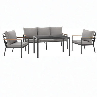 New - Evre Athens 5 Seater Garden Furniture Set Grey Metal Steel Frame Dining Set With Thick Cushions & Glass Coffee Table - image 1