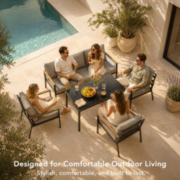 New - Evre Athens 5 Seater Garden Furniture Set Grey Metal Steel Frame Dining Set With Thick Cushions & Glass Coffee Table - thumbnail 6