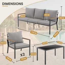 New - Evre Athens 5 Seater Garden Furniture Set Grey Metal Steel Frame Dining Set With Thick Cushions & Glass Coffee Table - thumbnail 5