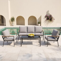 New - Evre Athens 5 Seater Garden Furniture Set Grey Metal Steel Frame Dining Set With Thick Cushions & Glass Coffee Table - thumbnail 7
