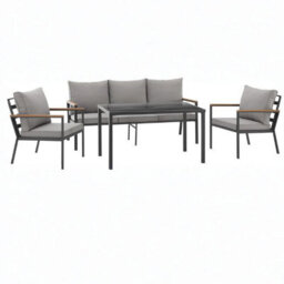 New - Evre Athens 5 Seater Garden Furniture Set Grey Metal Steel Frame Dining Set With Thick Cushions & Glass Coffee Table