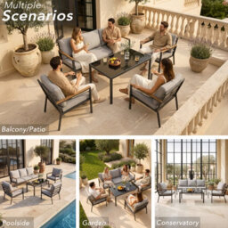 New - Evre Athens 5 Seater Garden Furniture Set Grey Metal Steel Frame Dining Set With Thick Cushions & Glass Coffee Table - thumbnail 9