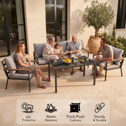 New - Evre Athens 5 Seater Garden Furniture Set Grey Metal Steel Frame Dining Set With Thick Cushions & Glass Coffee Table - thumbnail 8