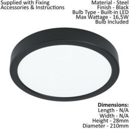 2 Pack Modern Black Led Wall And Ceiling Lights 210mm Round Design 16.5W 3000K - thumbnail 2