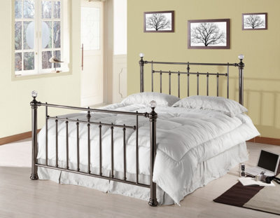 TL Beds Polished Black Nickel Metal Bed Frame Featuring Crystal Effect Finials - King Size 5Ft
