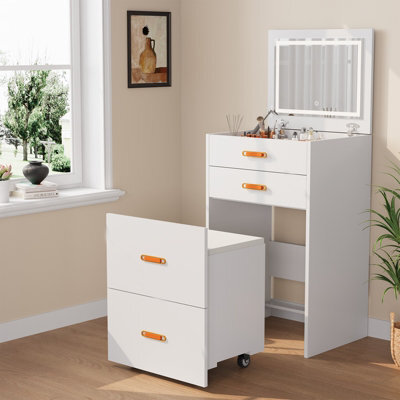 3-In-1 Compact Dressing Table Set With Mirror, 3 Storage Drawers & Rolling Stool, White - image 1