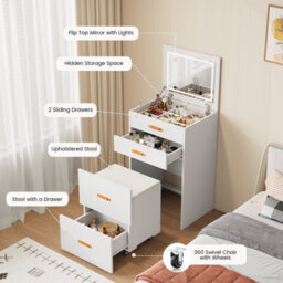 3-In-1 Compact Dressing Table Set With Mirror, 3 Storage Drawers & Rolling Stool, White - thumbnail 2