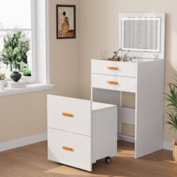 3-In-1 Compact Dressing Table Set With Mirror, 3 Storage Drawers & Rolling Stool, White - thumbnail 1