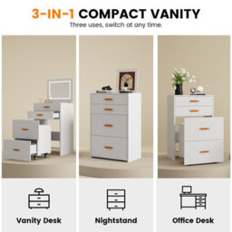 3-In-1 Compact Dressing Table Set With Mirror, 3 Storage Drawers & Rolling Stool, White - thumbnail 4