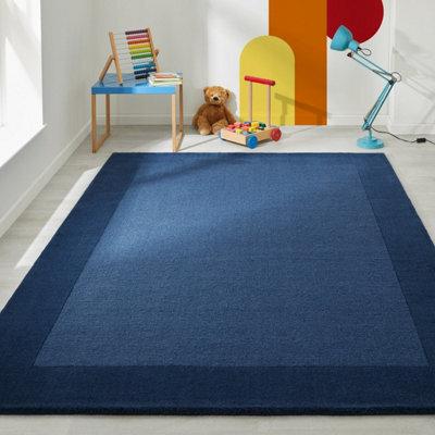 Handmade Luxurious Modern Bordered Blue Plain Easy To Clean Wool Rug For Living Room & Bedroom-160Cm X 230Cm - image 1