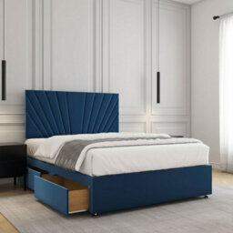 REGIONAL FURNISHINGS Divan Bed Set Blue Plush Velvet With 24 Inch Headboard 2Drawersfootend & Mattress In 4Ft Double King Superking Sizes - thumbnail 1