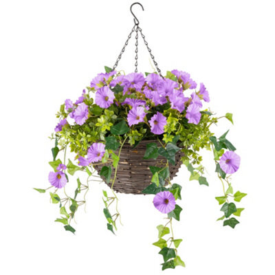 Christow Artificial Petunia Wicker Hanging Basket Uv Resistant Foliage Purple 30Cm - image 1
