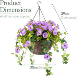Christow Artificial Petunia Wicker Hanging Basket Uv Resistant Foliage Purple 30Cm - thumbnail 7