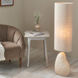 First Choice Lighting Pebble - Matt Ivory Ceramic 122Cm Floor Lamp With Natural Linen Shade - thumbnail 5