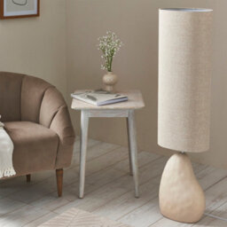 First Choice Lighting Pebble - Matt Ivory Ceramic 122Cm Floor Lamp With Natural Linen Shade - thumbnail 2