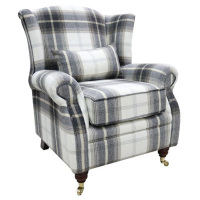 Wing Chair Original Fireside High Back Armchair P And S Balmoral Charcoal Check Real Fabric - image 1