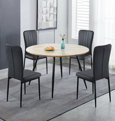 Hallowood Furniture Cullompton Large Round Dining Table 120Cm, Oak Effect Top, With 4 Black Faux Leather High Back Chairs - image 1