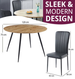 Hallowood Furniture Cullompton Large Round Dining Table 120Cm, Oak Effect Top, With 4 Black Faux Leather High Back Chairs - thumbnail 3