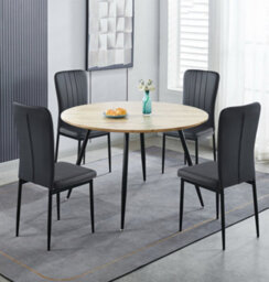 Hallowood Furniture Cullompton Large Round Dining Table 120Cm, Oak Effect Top, With 4 Black Faux Leather High Back Chairs - thumbnail 1