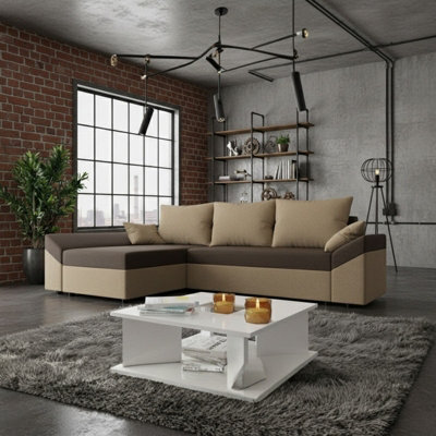 Dante L Modern Corner Sofa Bed Universal L Shape Couch With Guest Sleep Function Storage Durable Fabric Beige And Brown - image 1