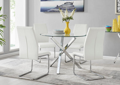 Furniturebox Uk Selina Chrome Round Square Leg Glass Dining Table And 4 White Lorenzo Chairs Set - image 1