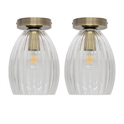 First Choice Lighting Set Of 2 Birch - Fluted Glass Antique Brass Ceiling Light Fittings - image 1