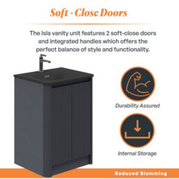Plum&clay Isla Ribbed Fluted Grey Freestanding Bathroom Vanity Unit & Black Basin Set (W)600mm - thumbnail 4