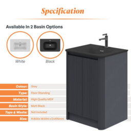 Plum&clay Isla Ribbed Fluted Grey Freestanding Bathroom Vanity Unit & Black Basin Set (W)600mm - thumbnail 5