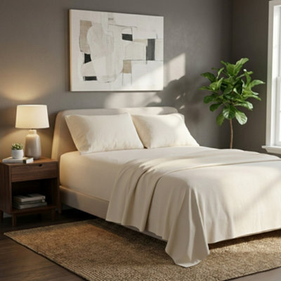 Soft Plain Brushed Cotton Fitted Flat Sheet Matching Pillowcases Set Cream - image 1