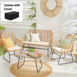 Neo 4 Piece Wicker Bamboo Style Garden Sofa, Table & Chairs Set With Cover