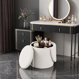 White Storage Stool Round Vanity Chair With Backrest For Bedroom Makeup - thumbnail 5